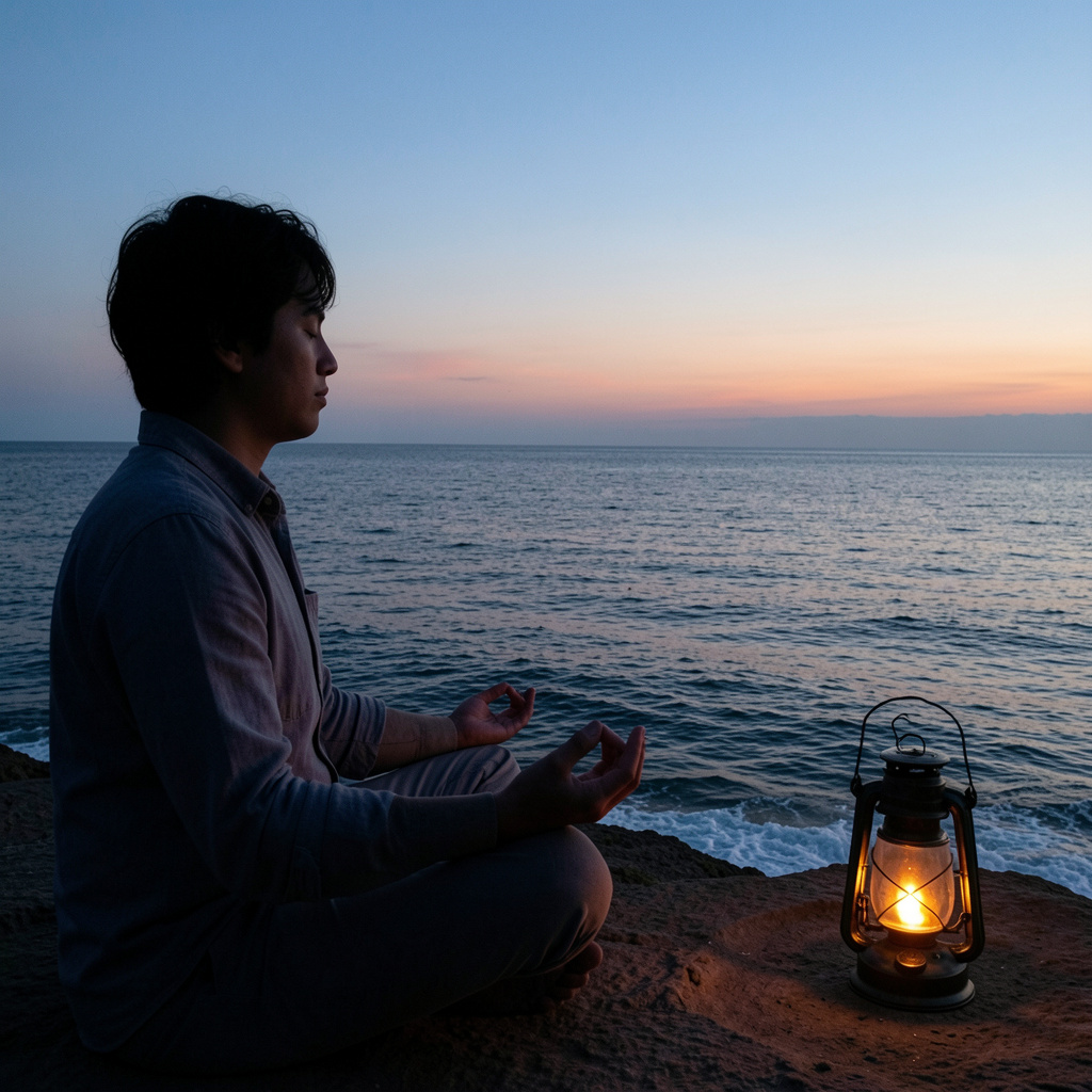 Person in peaceful meditation by the ocean